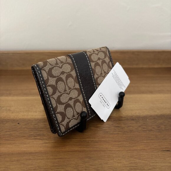 Coach Signature Khaki Mahogany Brown Leather Card Case - Picture 2 of 9